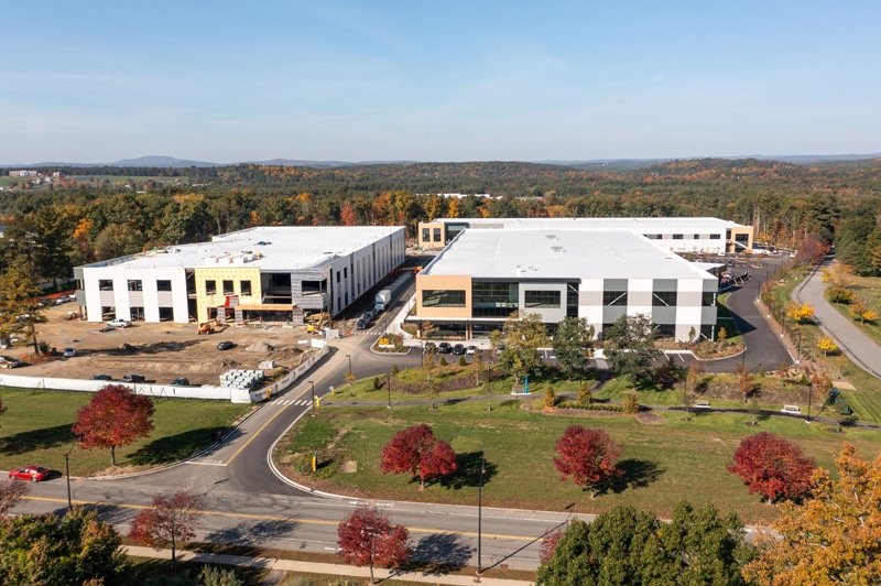 Drone view of a large life science campus under construction