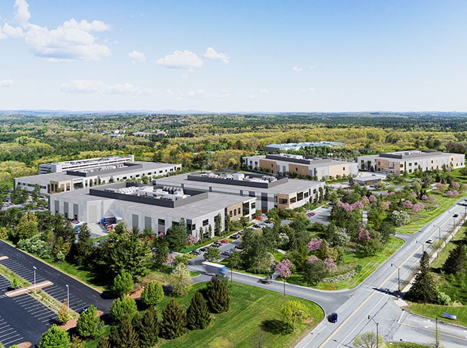 3D rendering drone view of a master planned life science complex