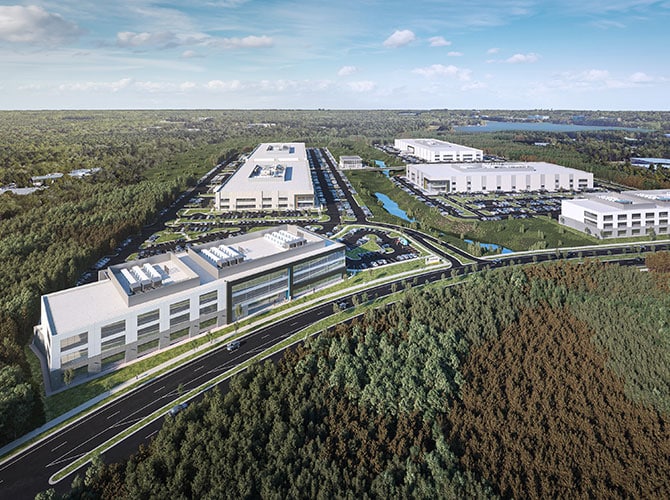 3D rendering drone view of a vast, modern life science community